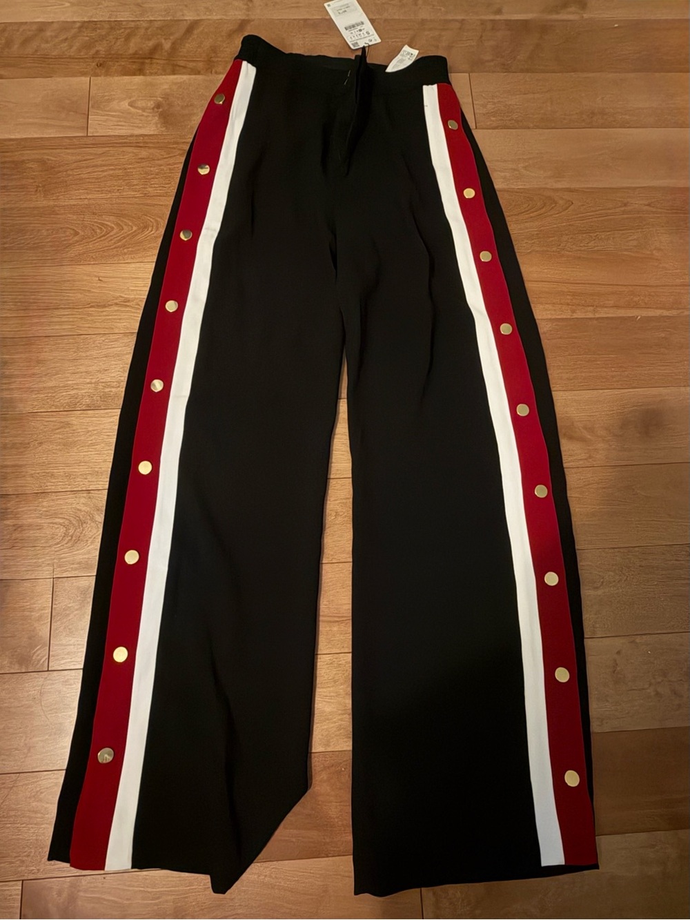 Zara Black Wide-Leg Pants with Red & White Side Stripes and Gold Snap Detail
